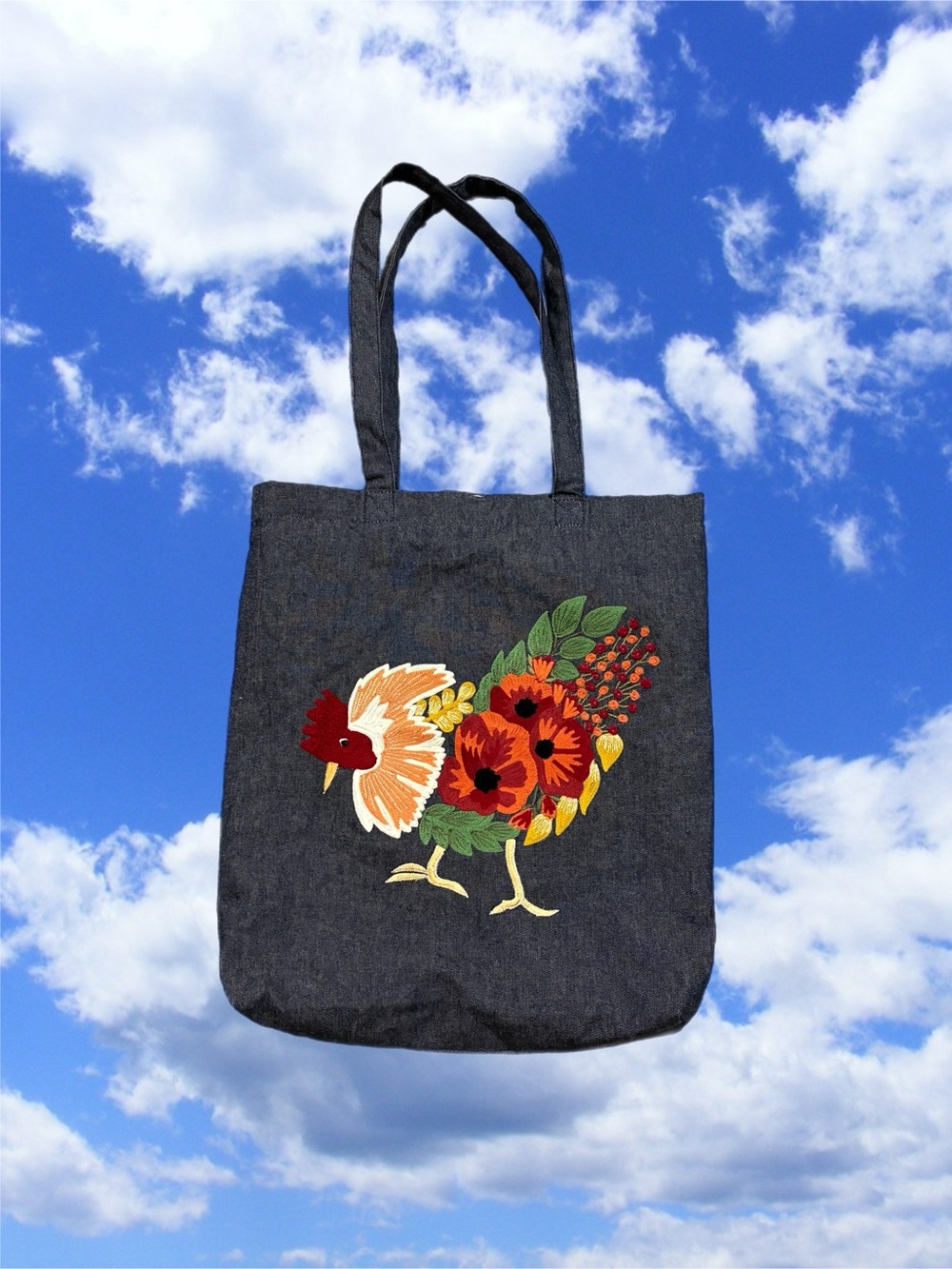 LIKE NEW! Denim Hand Embroidered Canvas Tote